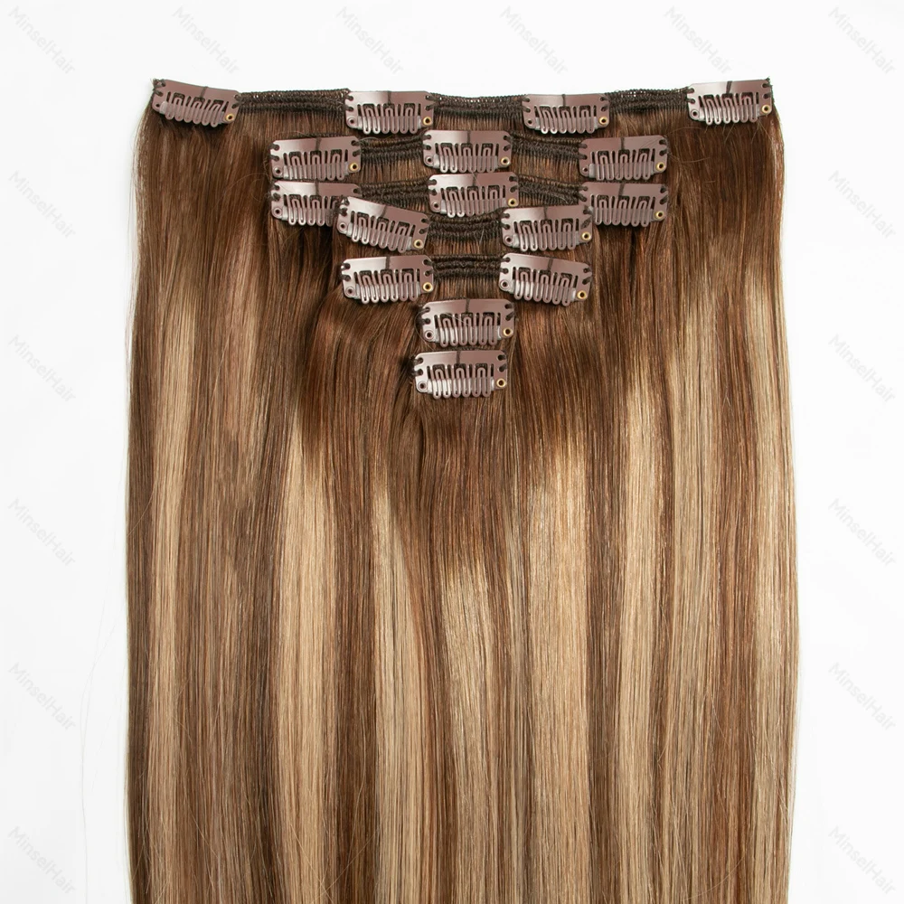 T4P4-27 براون Balayage كليب في وصلات الشعر شعر بشري طبيعي حقيقي بشرة ريمي جودة الحرير وناعم 120 جرام 12-22 بوصة 7 قطعة