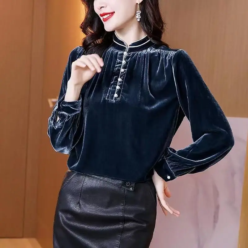 Women\'s Vintage Elegant Korean Fashion Stand Collar Golden Velvet T-shirts Autumn Female Ruffled Solid Long Sleeve Pullover Tops