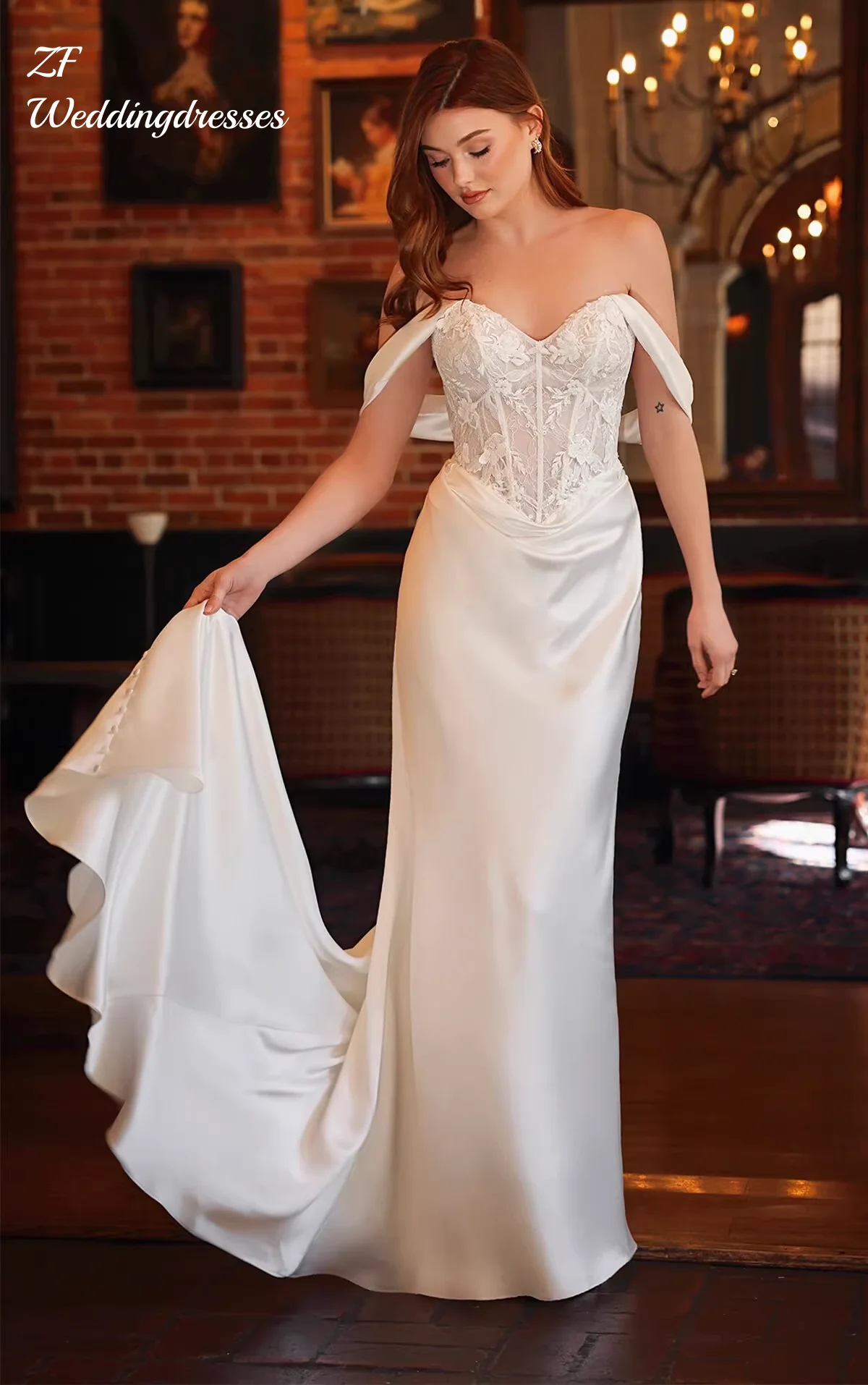 

Customized simple one-shoulder, slimming, luxurious, heavy satin wedding dress, new style, elegant bridal tail