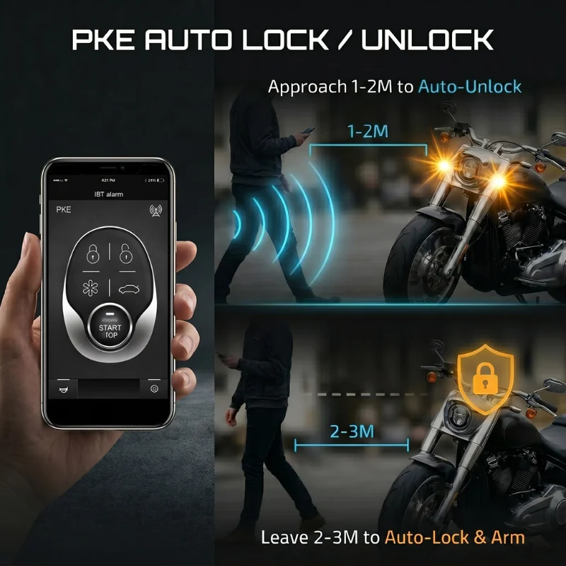 Motorcycle Alarm System – App Control & Bluetooth PKE (Automatic Lock/Unlock) – Remote Start via Key or App – 120dB Alarm