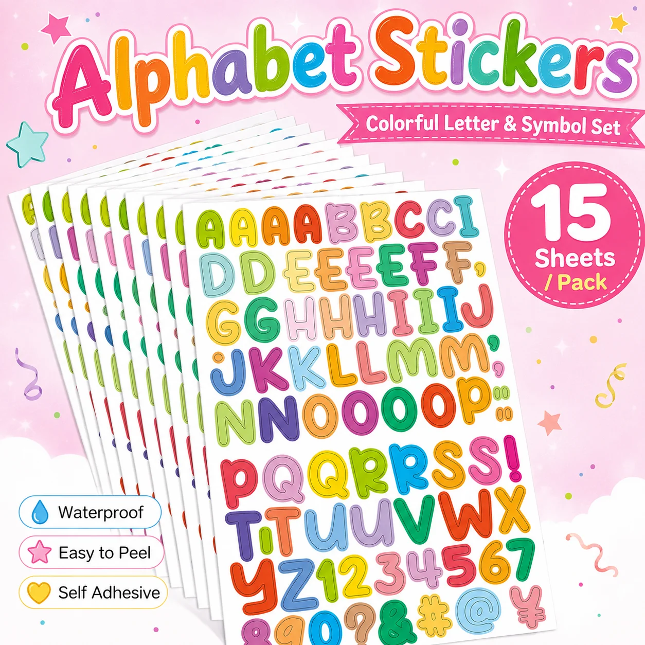 15 Sheets Cute Alphabet Stickers Colorful Letters Numbers Symbols Self Adhesive PET Stickers for Cards Journals Gifts DIY Crafts