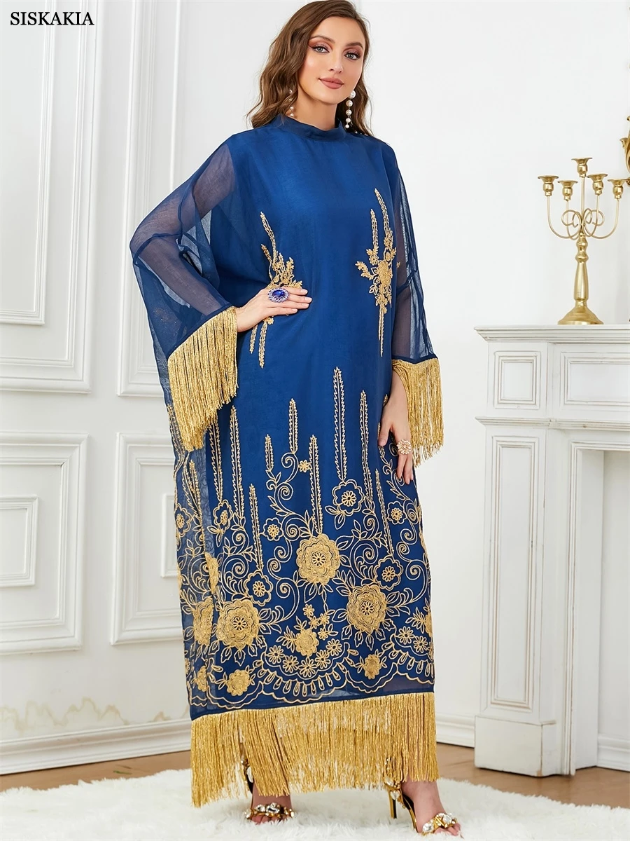 Siskakia Dubai Fashion Elegant Batwing Sleeve Tassel Embroidery Dresses Party Clothing Moroccan Saudi Kaftan Turkish Islam Robe