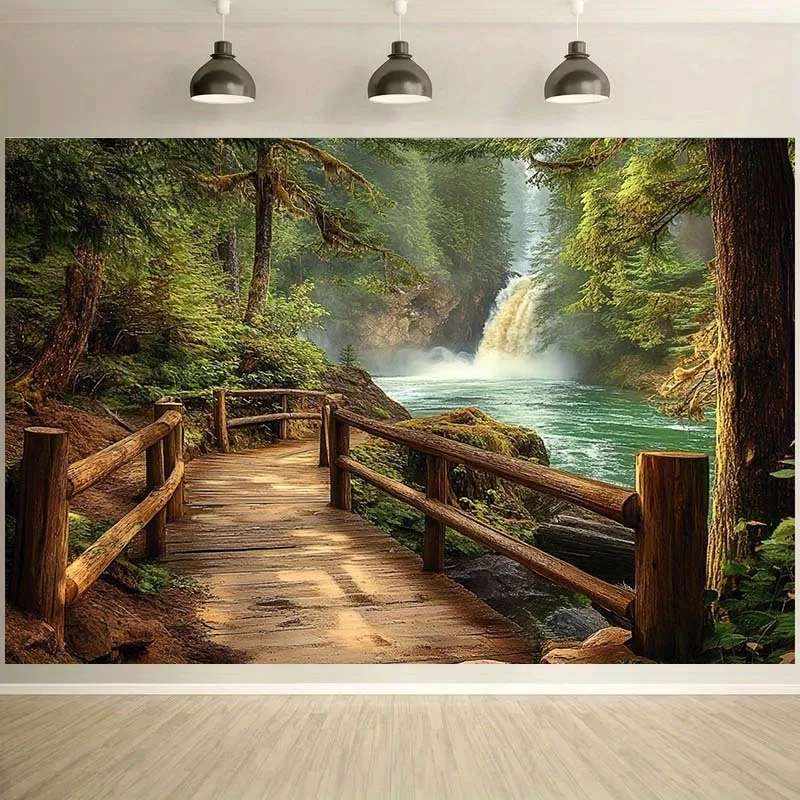 1 piece of forest waterfall landscape background cloth - forest paths and rural bridges, no power required