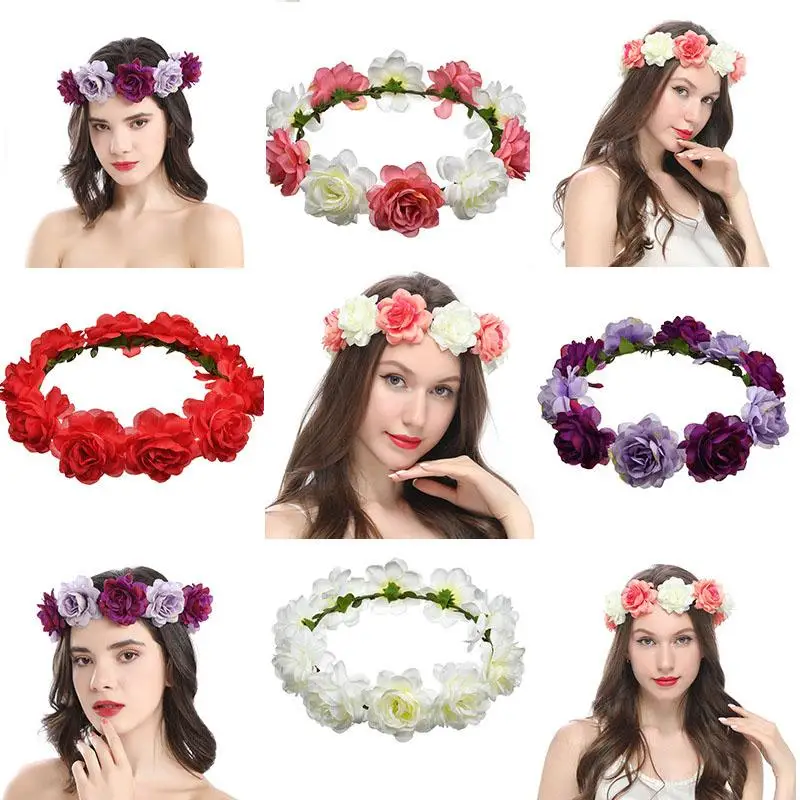 Festival Wedding Bohemian Flower Crown Rose Flower Headbands Hair Wreath for Women Girls