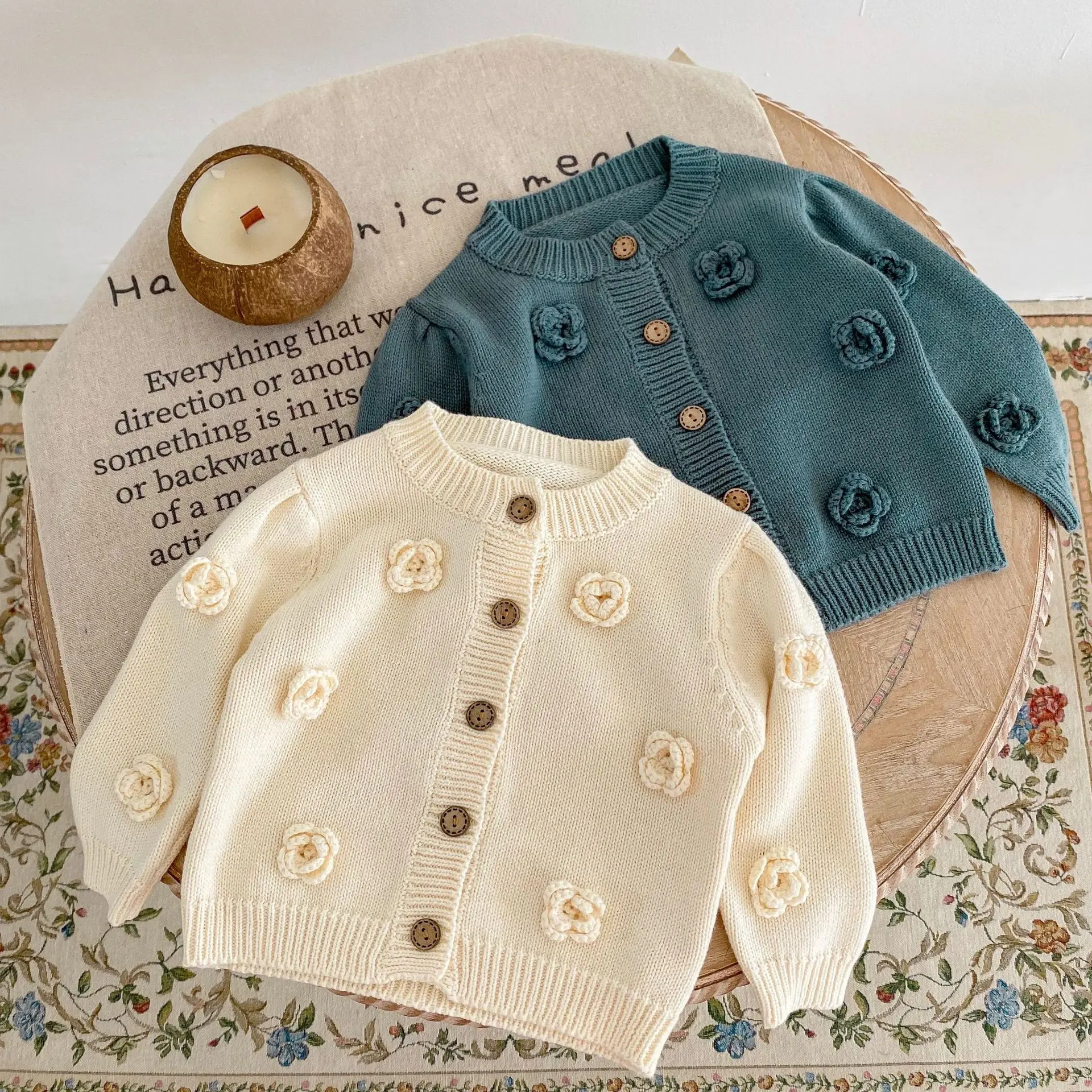 2026 Spring Autumn Girls 0-3 Years Old Handmade Flower Knitted Cotton Coat crew-neck Cardigan long-sleeved Sweater Cardigan