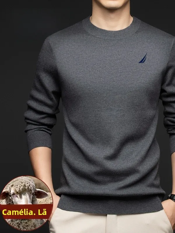 Suéter Casual Masculino de Cashmere Nautica com Gola Redonda, Quente e Confortável para Outono e Inverno, Camiseta de Manga L...