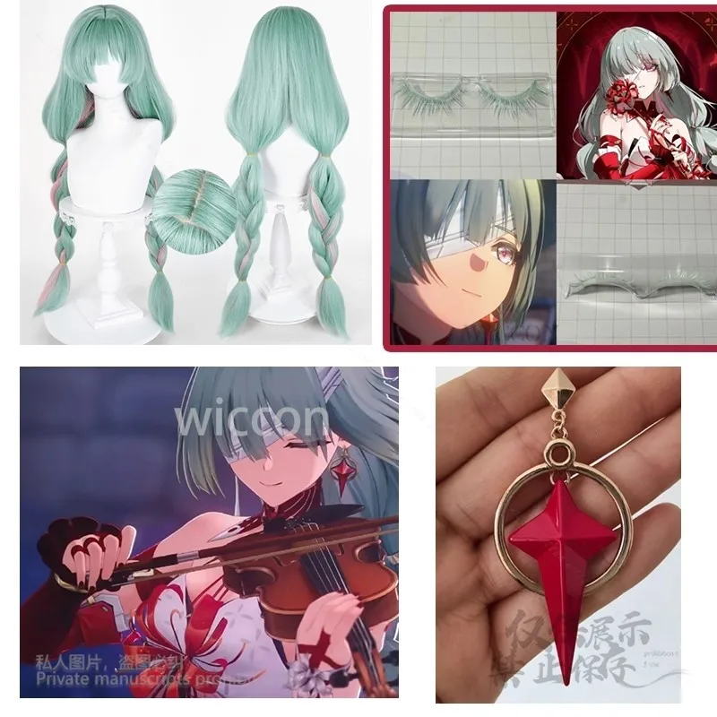 أنيمي Phrolova شعر مستعار تأثيري الأخضر الوردي شعر مستعار مختلط زي أقراط مقاومة للحرارة الرموش الاصطناعية Phrolova حفلة الهالوين