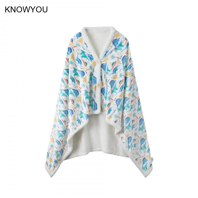Cartoon Dinosaur Print Shawl Flannel Fleece Cape Women Thicken Warm Blanket Autumn and Winter Warm Loungewear Jacket