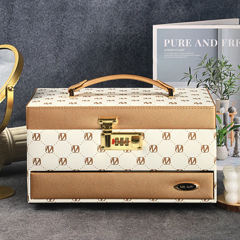 Mirrored 3-Layer Jewerly Box Exquisite Combination Lock Jewelry Organizer PU Portable Jewelry Storage Display for Earring Ring