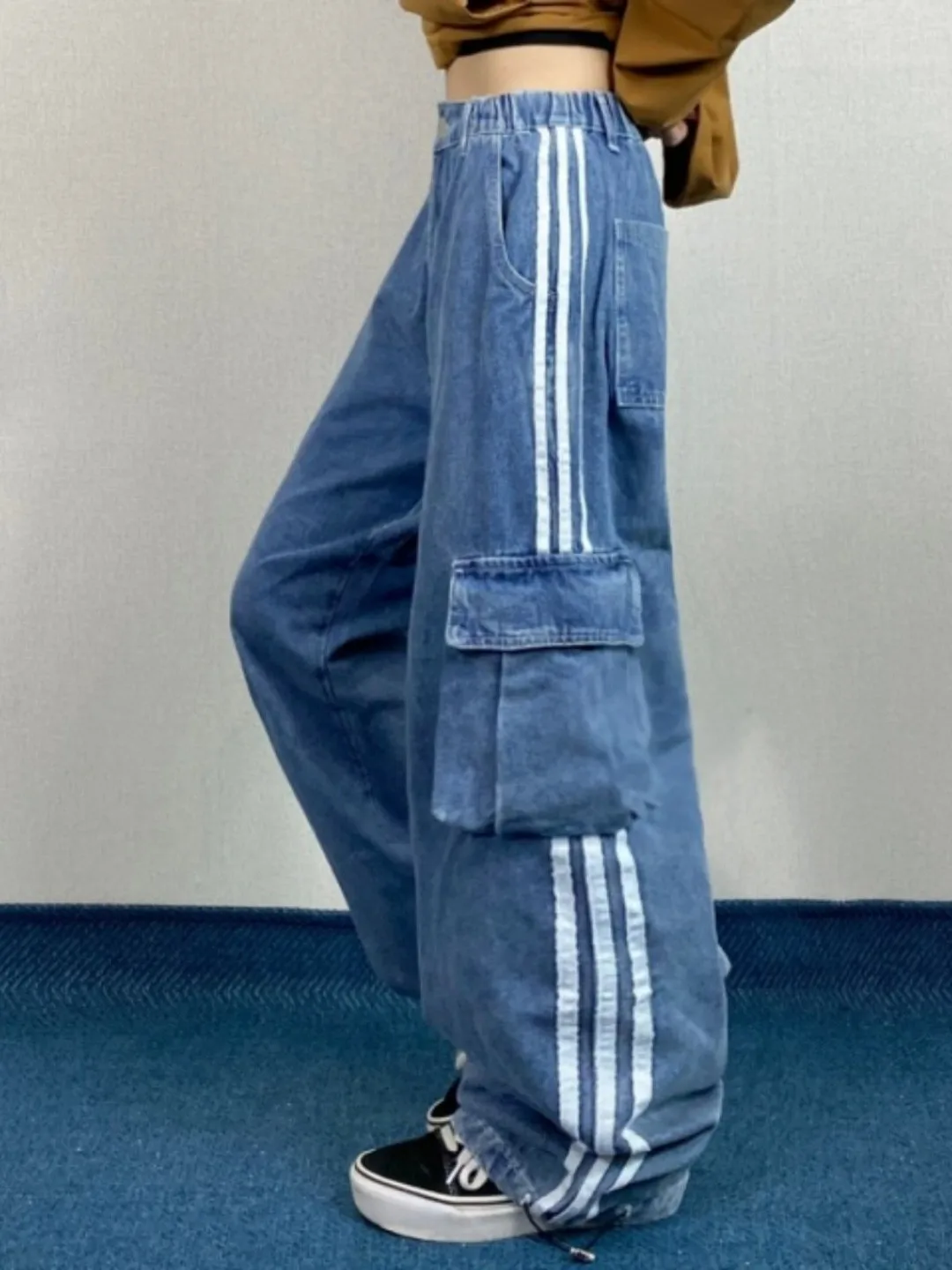 

Retro Spliced Loose Women's Jeans Elastic Waist Straight Leg Pants Big ket Workwear Long Trousers Tee Bars Pattern