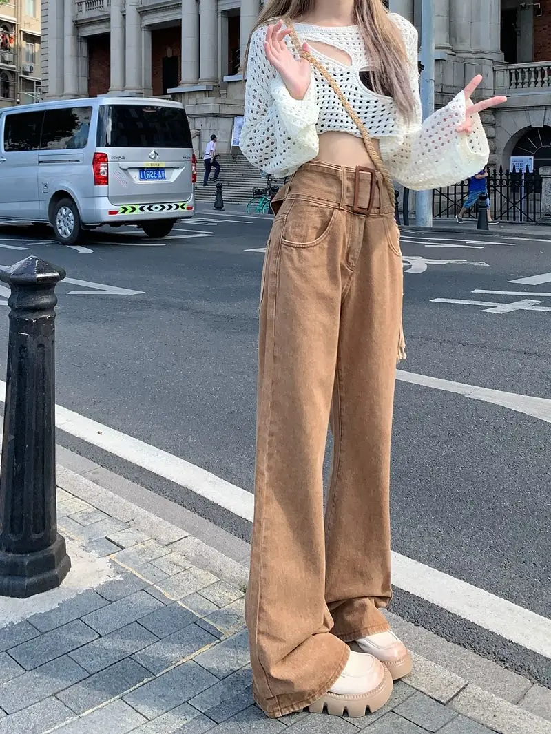 American Retro Micro-Launched Jeans Women'S High Waist Autumn Winter Design Sense Niche Brown Straight High Street Pants Tide