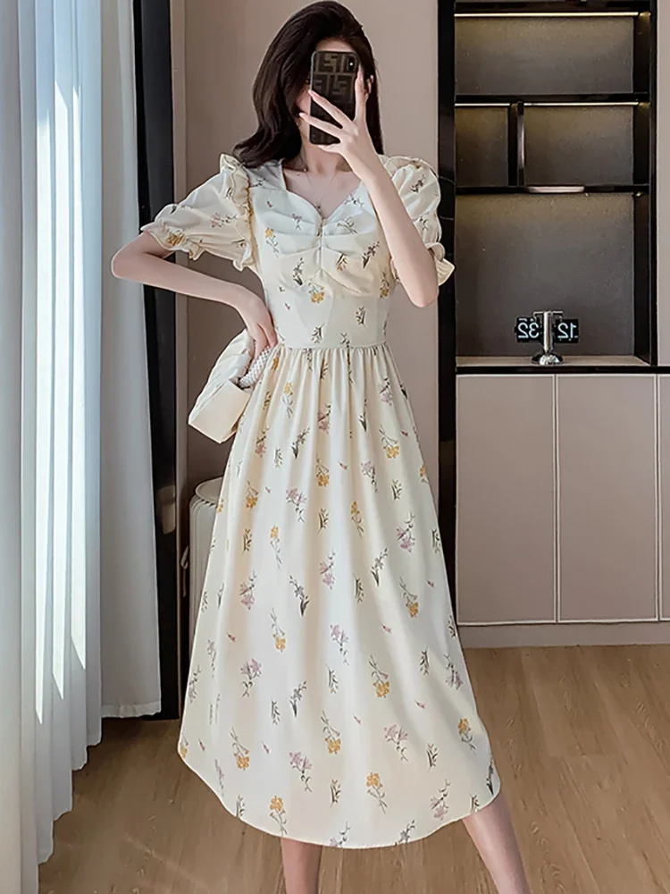 

2025 New Floral Ruffled Pleated Square Collar Midi Dress Women Elegant Festival Party Dress Summer Korean Bdycon One Piece Dress