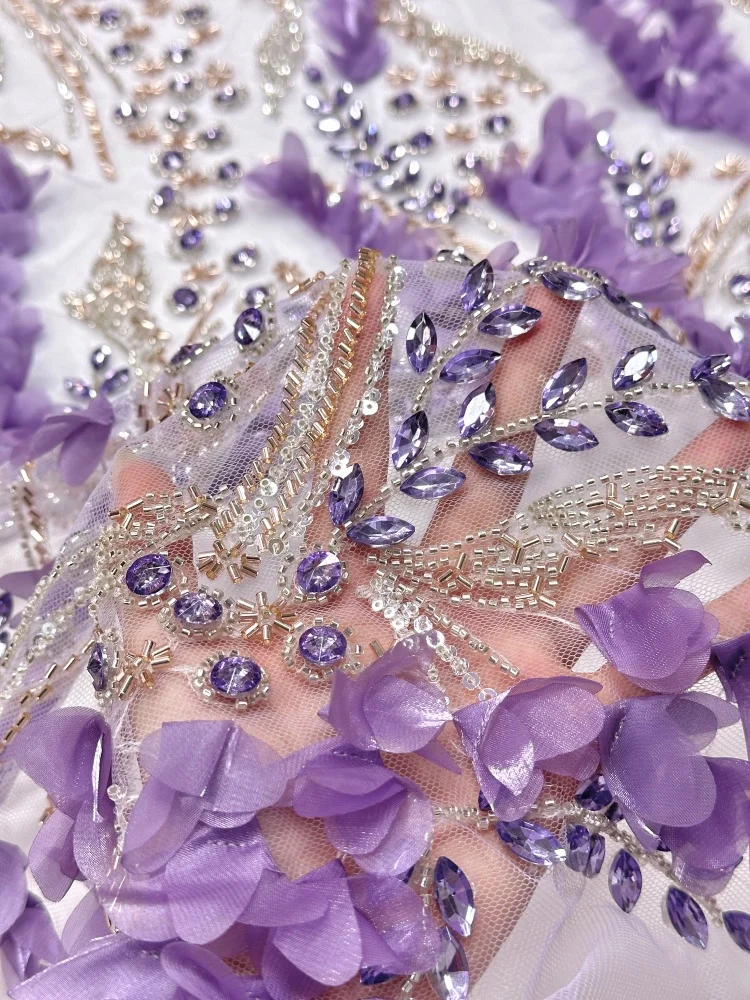 Luxury African French 3D Flowers Lace With Beads High Quality Stones Lace Sequins Embroidery Lace Fabric For Party Evening Dress