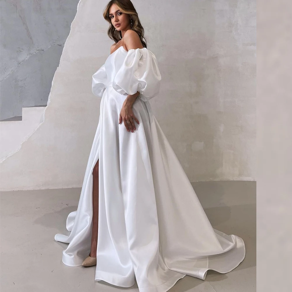 Vestido De novia elegante blanco con cremallera y manga abombada, A y abertura lateral con corte en traje De novia, vestido De novia De Mariee hecho a medida