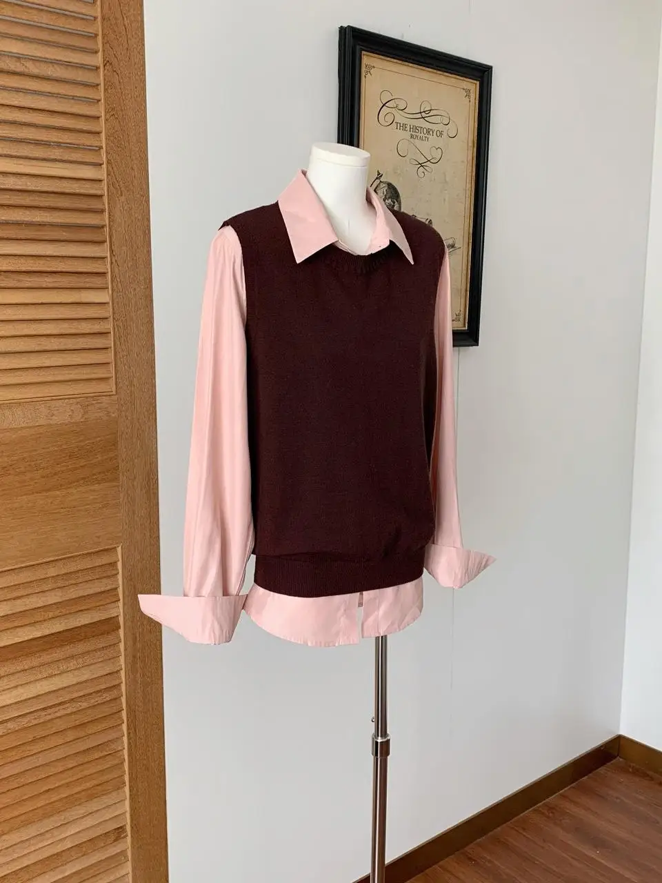 

Ретро-комплект: вязаный жилет и свитер с воротником, розовый, из двух предметов, для женщин, осенний, в студенческом стиле