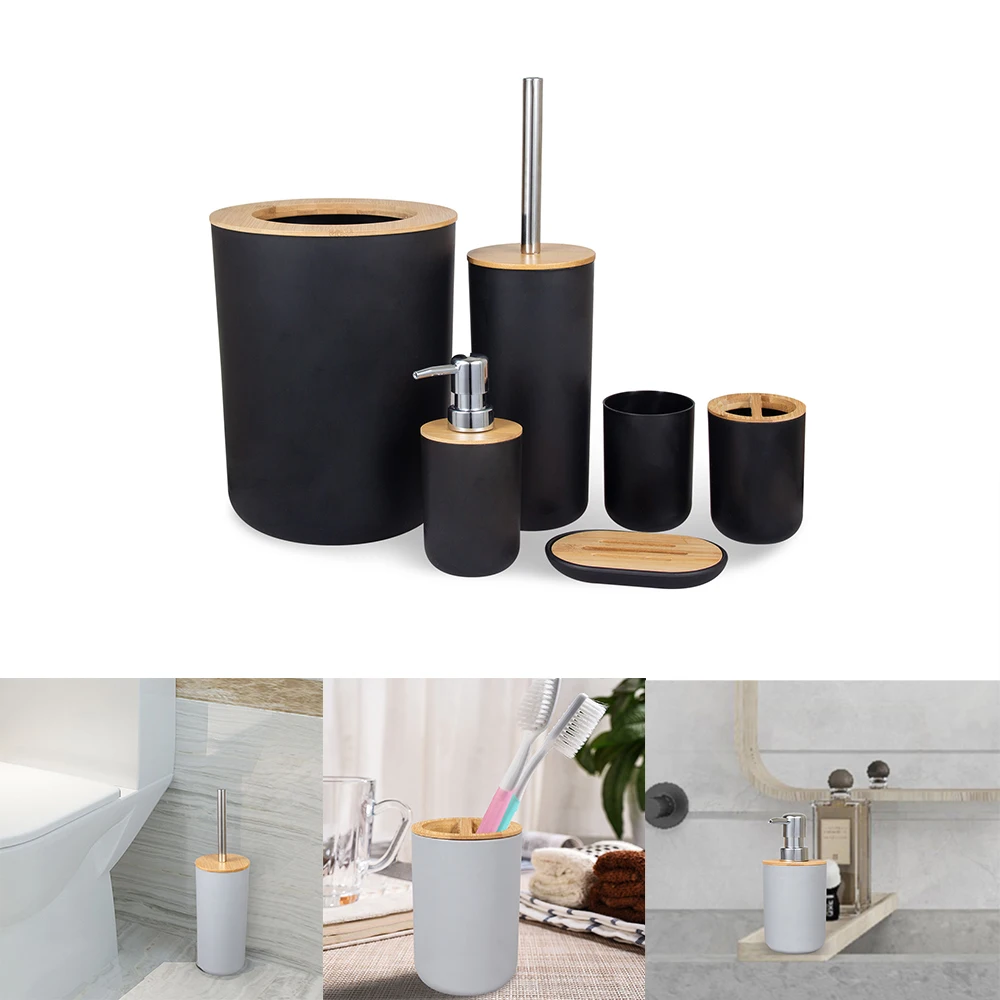 Toilet Brush Soap Dispenser Box Bamboo Plastic 6Pcs/Set Lotion bottle Toothbrush Cup Holder Bathroom Storage Set Trash Can
