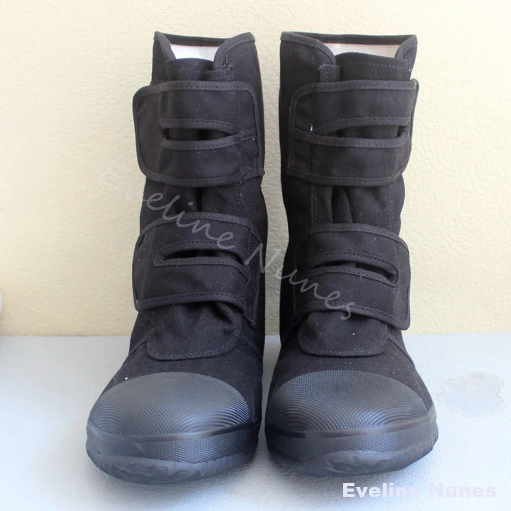 Black Canvas Mid Calf Boots Men Multi Hook & Loop Rubber Toe Cap Anti Slip Work Boots Foot Protection Anti-impact Safety Shoes