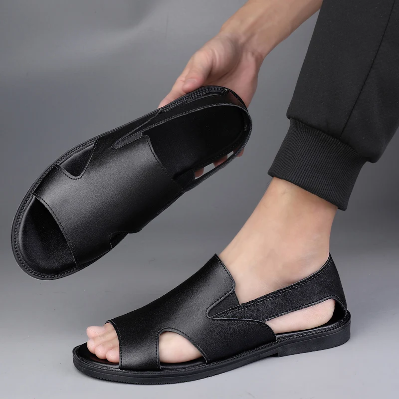 Italian Style Summer Black Sandals Lightweight Fashion Roman Shoes Original Designer Leather Shoes Outdoor Breathable Slippers