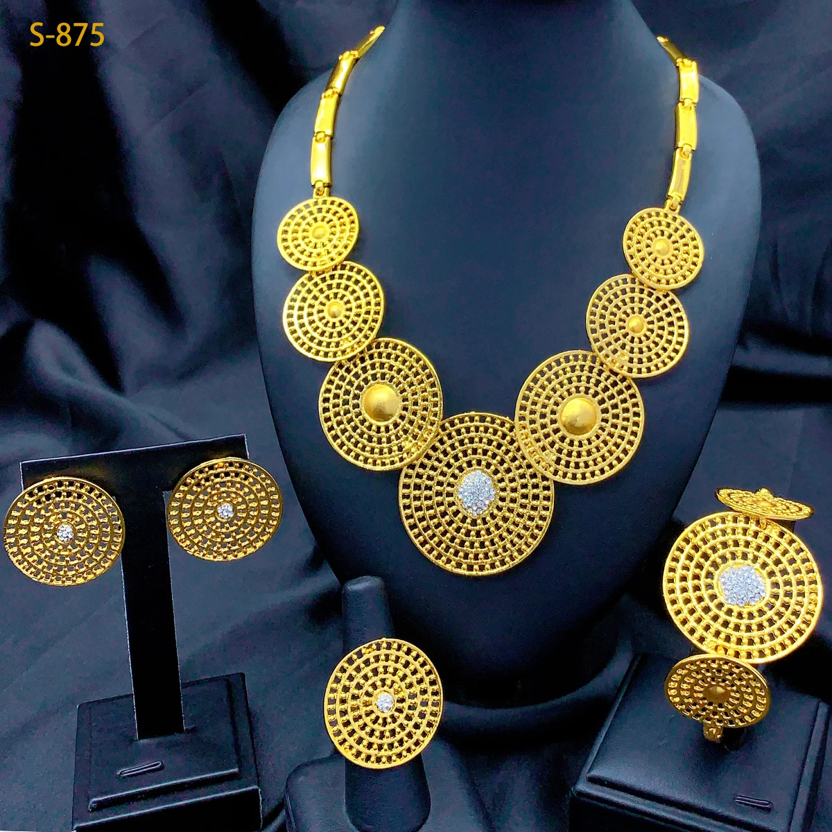 Indian Bride Jewelry Set For Women Wholesale 24K Gold Color Round Necklace Earrings Dubai Wedding Party Alloy Four Piece Set