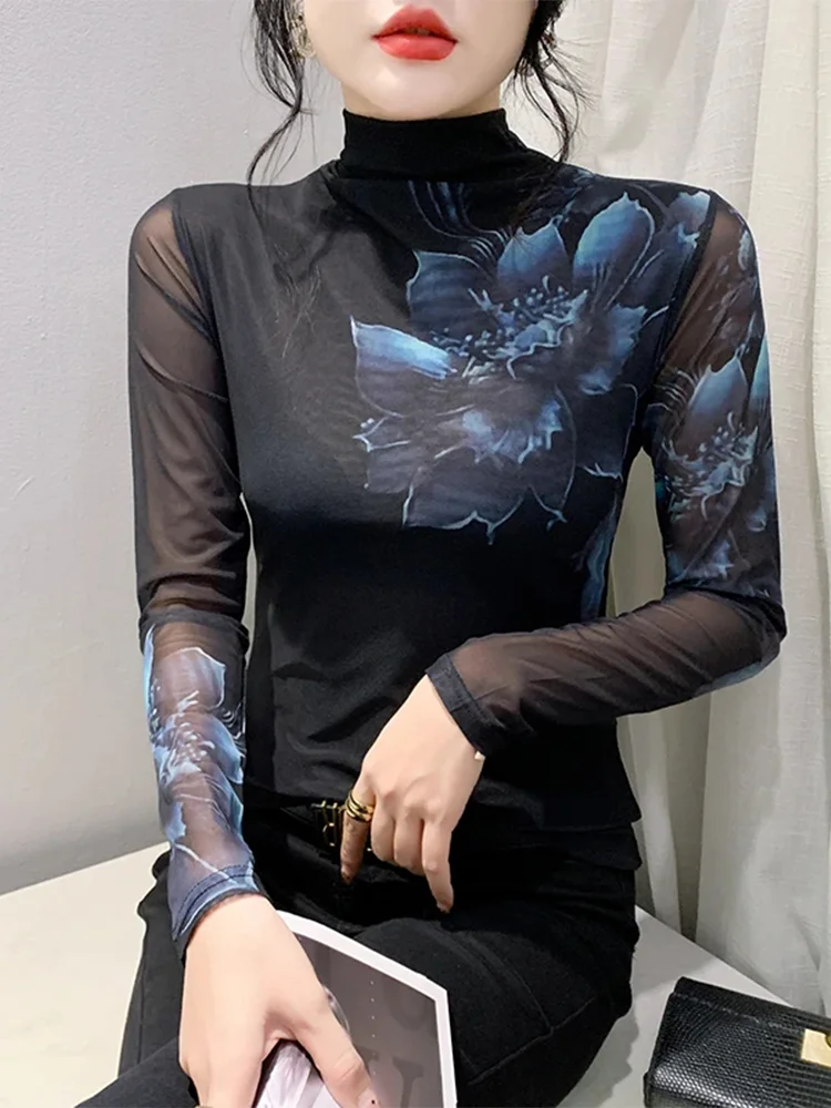 

Winsleter Streetwear Tshirt Long Sleeve High Elastic Tee Women Turtleneck Position Print Slim Mesh Top Winter Fall T30035JM