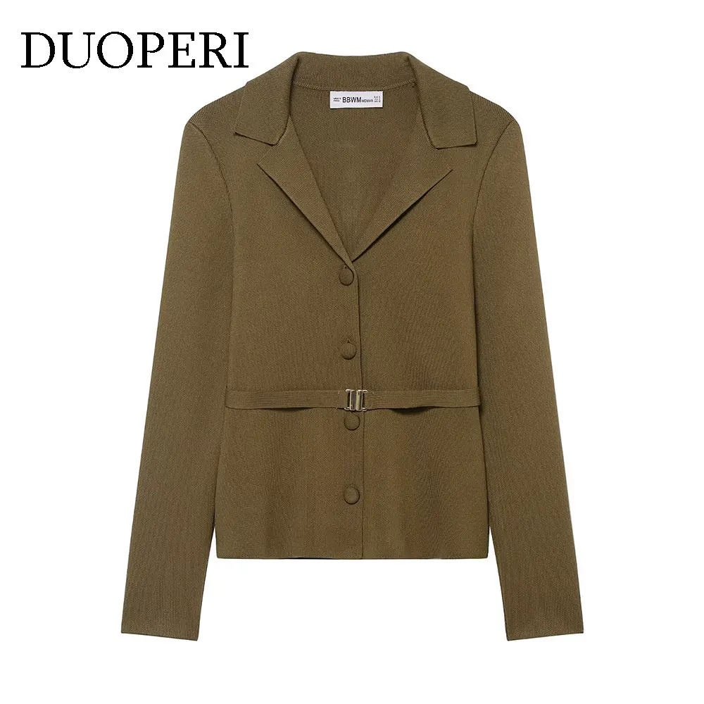 

DUOPERI Women With Belt Single Breasted Knitted Sweater Casual Lapel Collar Long Sleeves Female Elegant Chic Outfits