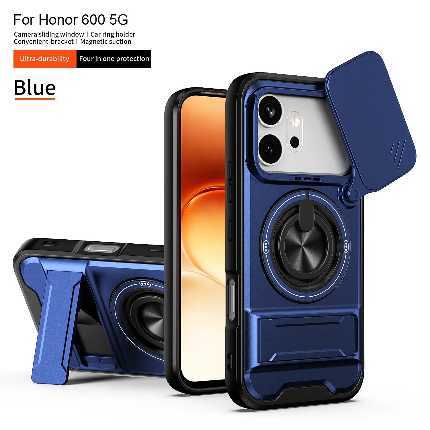 Armor Shockproof Phone Case For Honor 600 Honor 600 Pro 5G Sliding Camera Cap Built-in Magnet Ring Kickstand Protective Funda