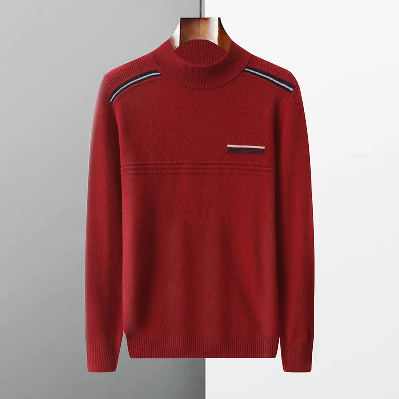 Autumn And Winter New 100% Pure Wool Semi-High Collar Men's Loose Thick Warm Knit Sweater Bottoming Shirt