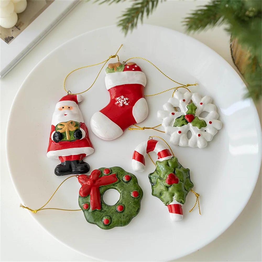 New Christmas Tree Decorations Ceramic Wreath Snowflake Small Pendant Xmas Tree Hanging 2025 Christmas New Year Party Decors