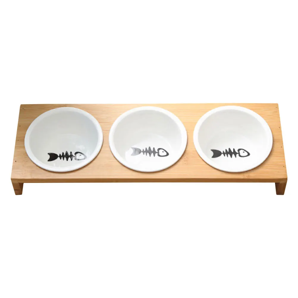 

1 set Ceramic Pet With Bamboo Stand Elevated Cat Dog Food Water Bowl Easy Clean Bite Resistant Odorless Contemporary Design Gift
