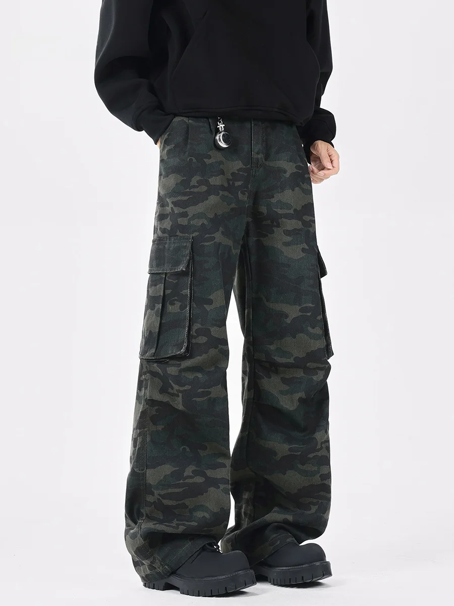 

Американские ретро-брюки в камуфляжном стиле для мужчин, осенние, модные, в стиле High Street Vibe, прямые повседневные длинные джинсы с множеством карманов