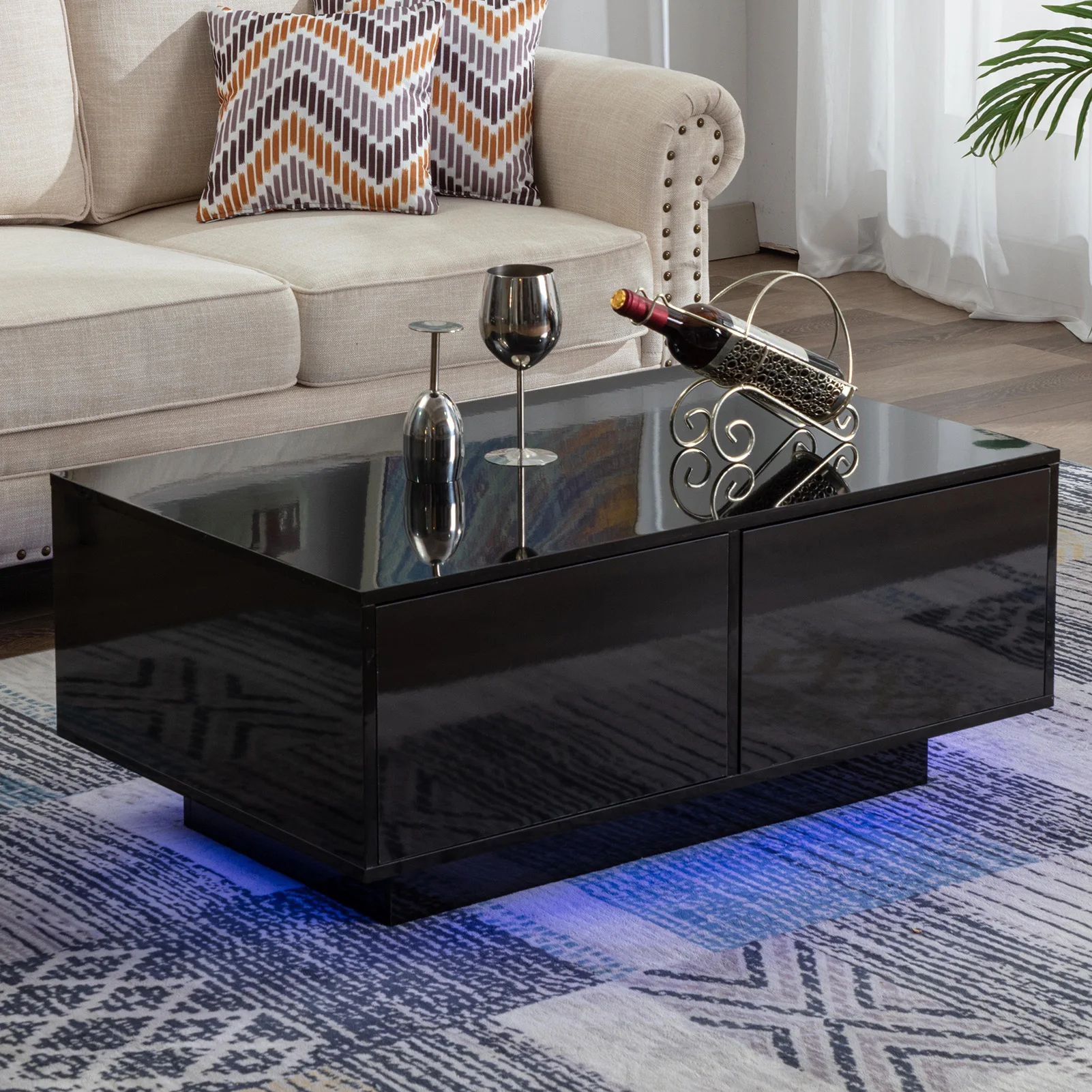 LED Coffee Table with 4 Storage Drawers,Modern High Glossy Center Table with 20 Colors LED Lights for Living Room