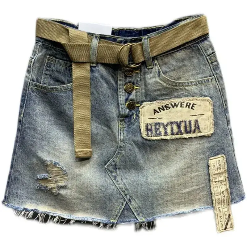 Denim Skirt Pocket Letter Print Waistband Ripped Women Washed Jeans Skirts Summer Loose A-Line High Waist Mini Skirt Female