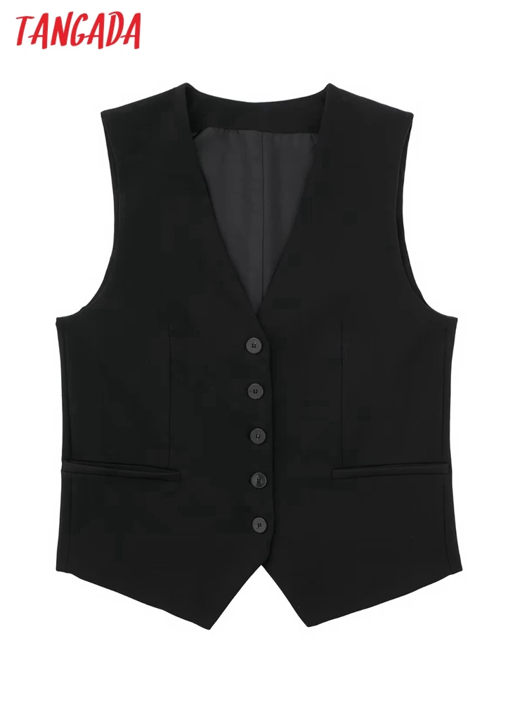 Tangada Women 2023 Black Cropped Waistcoat Vintage V Neck Sleeveless Female Chic Vest 3H650