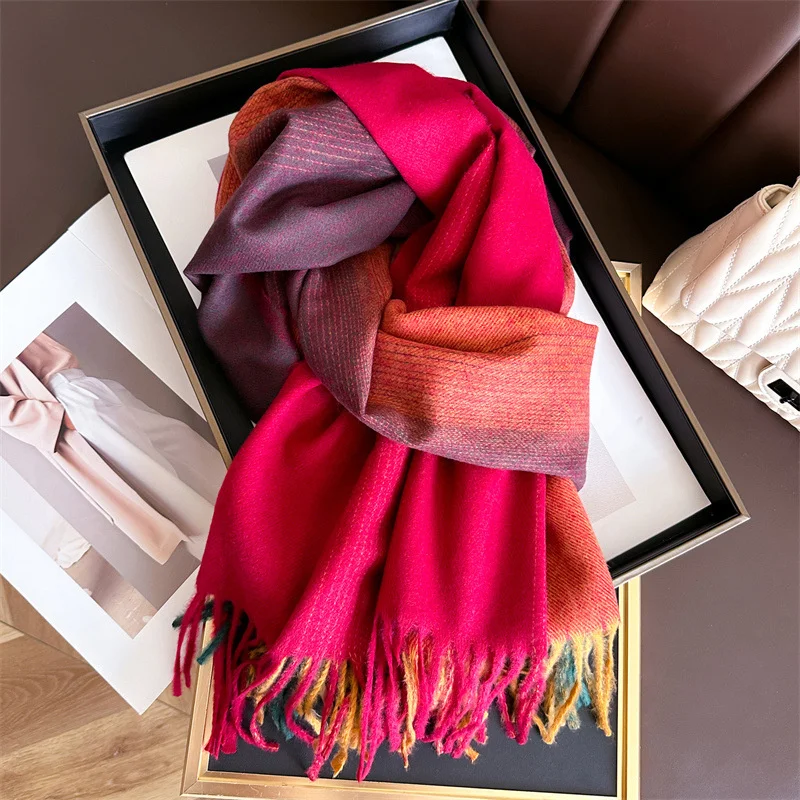 Color Blocking Women Winter Warm Scarf Travel Hijabs Tassels Shawl Cashmere Pashmina Hijabs Scarves Wraps Stole