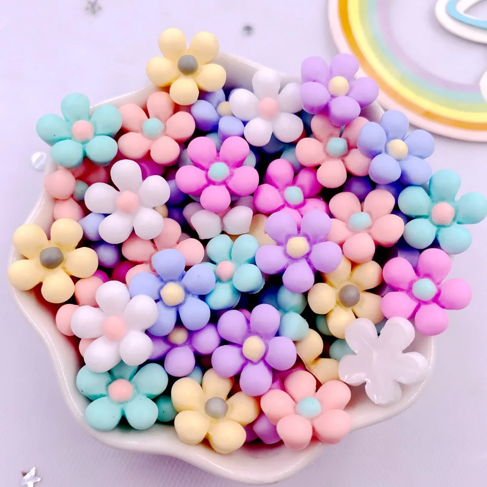 Spring Color 50Pcs 14mm Resin 3D Colorful Flower Flatback Figurines Scrapbook DIY  Hair Hoop Accessories Decor Crafts