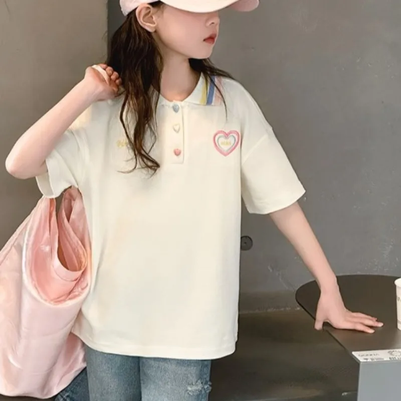 Girls' 2026 Summer Polo Shirt Pants Set Loose Short Sleeve Cotton Kids' Outfit Breathable Stretchy Playground Wear​
