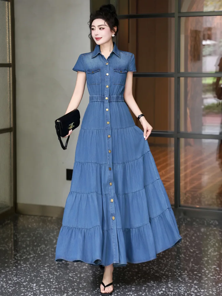 

TIYIHAILEY-длинное однобортное джинсовое платье до середины икры для женщин, винтажное новое платье 2025, M-4XL, платья-торт с отложным воротником, большой подол