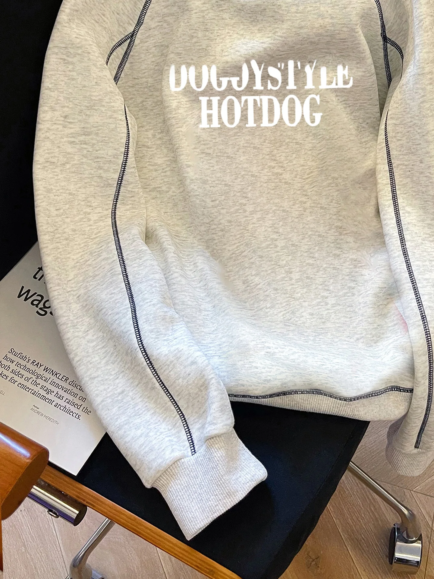 Retro Hong Kong Sle Long Sve sudadera suelta redonda Ne empalme Color Blo juvenil versátil mujer primavera otoño Top