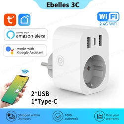 Tuya WiFi Smart Plug 16A EU Smart Socket with 2 USB 1 Type C Phone Charger Home Appliance Plug Adapter Works with Alexa Google