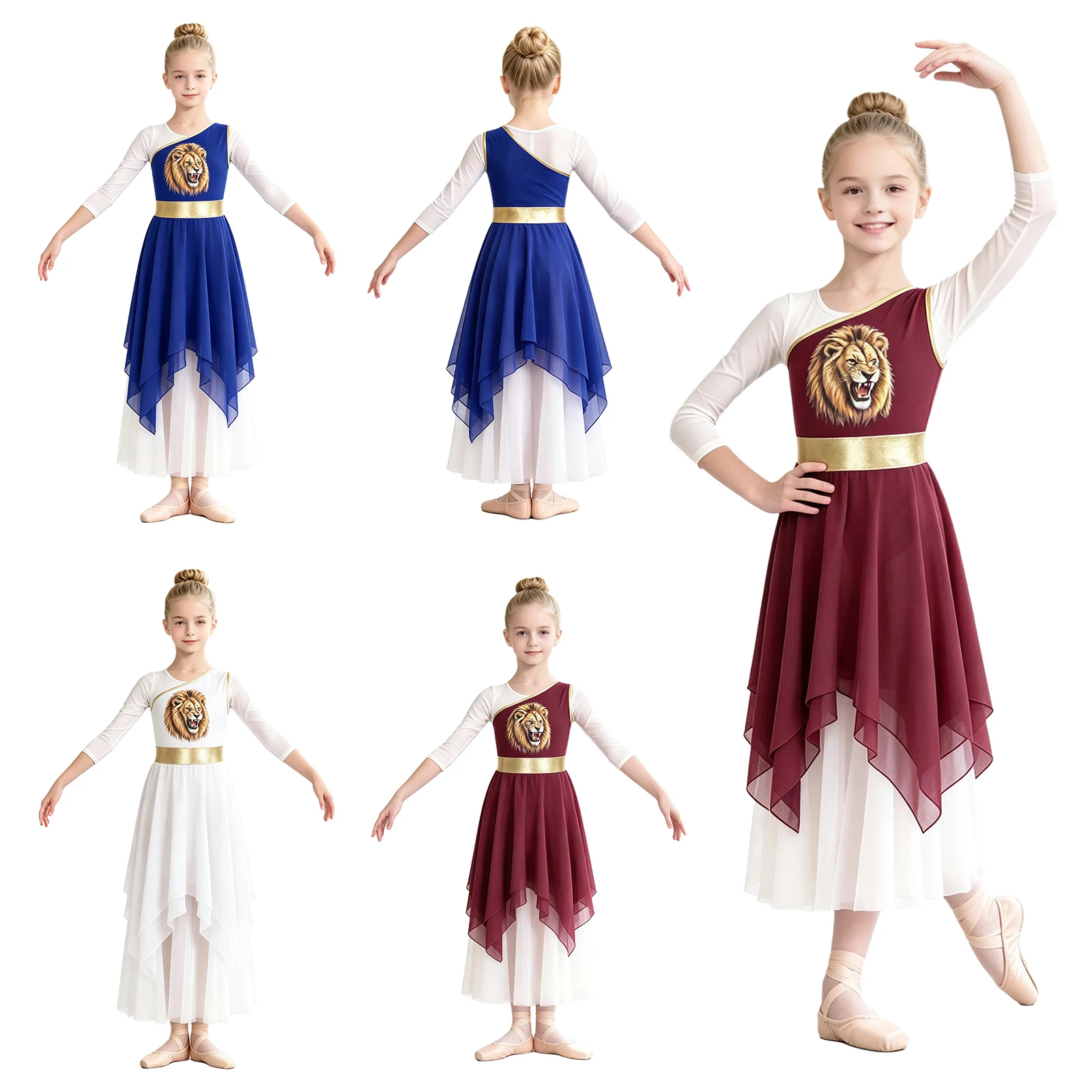 Kids Girls Sleeveless Praise Lyrical Tunic Robe Dress Metallic Chiffon Printed Liturgical Praise Worship Dance Costume Dancewear