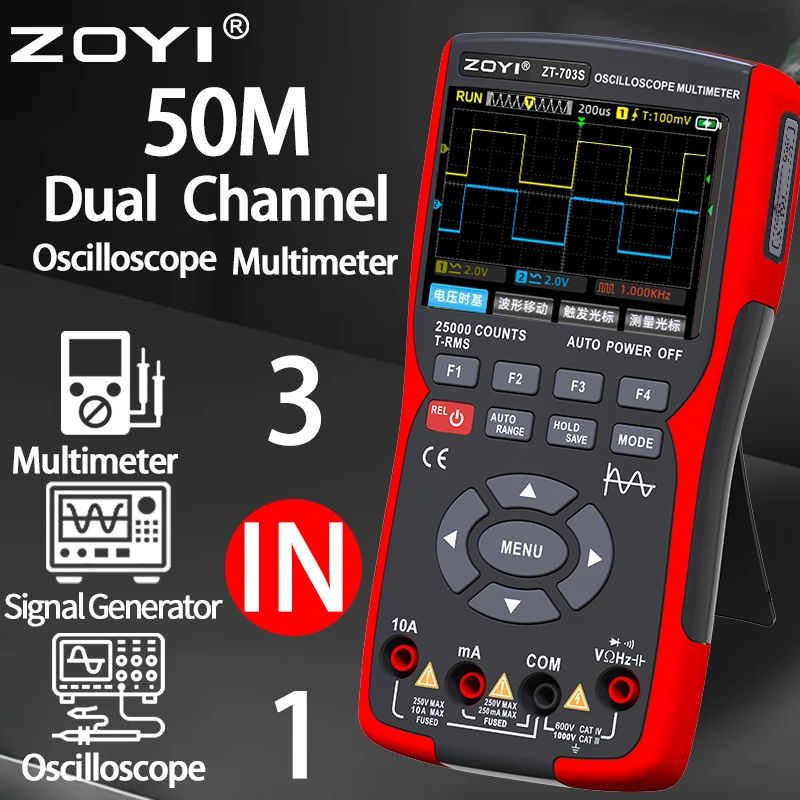 Портативный цифровой осциллограф ZOYI ZT-703, мультиметр, три в одном, двухканальный генератор колебаний, электрик