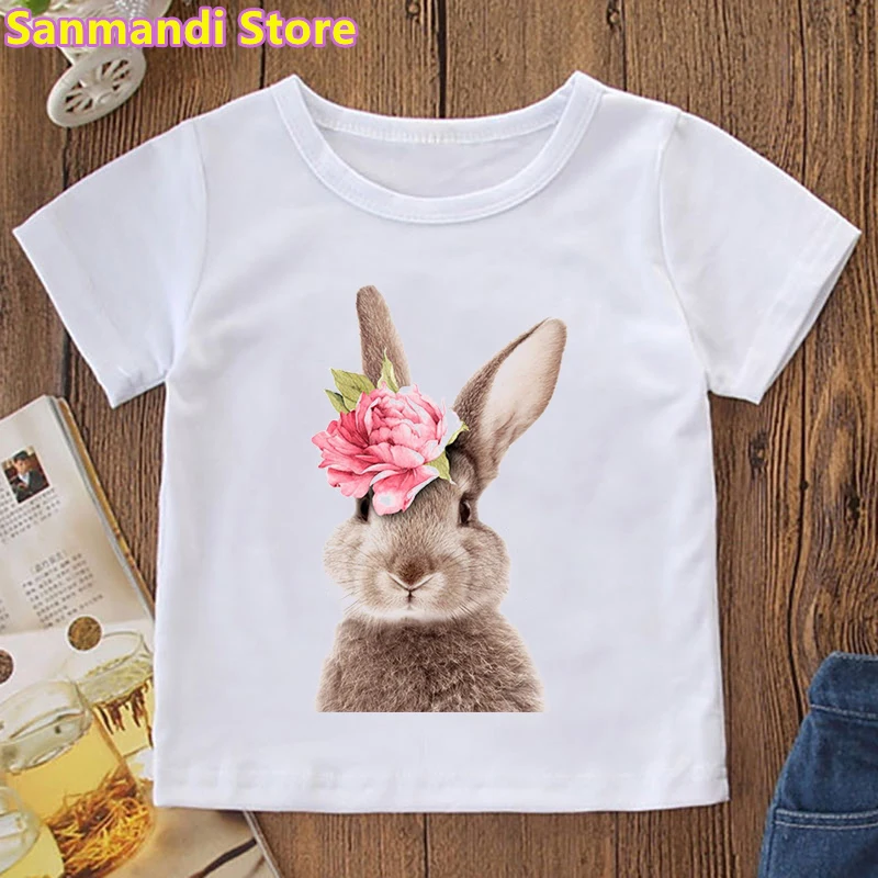 Funny Rabbit Bunny Love Pink Rose Flowers Print T-Shirt Summer Tops For Girls/Boys Kawaii Children'S Clothing Harajuku Shirt