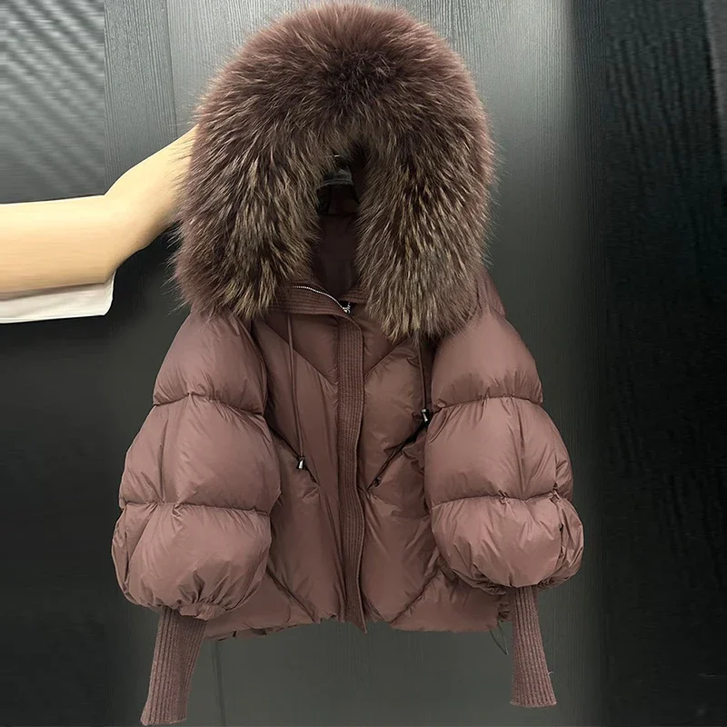 

2025 New Winter Large Real Fur Hooded Puffer Jacket Women Coat White Duck Down Mid Long Parka Thicken Warm Knitted Sleeve
