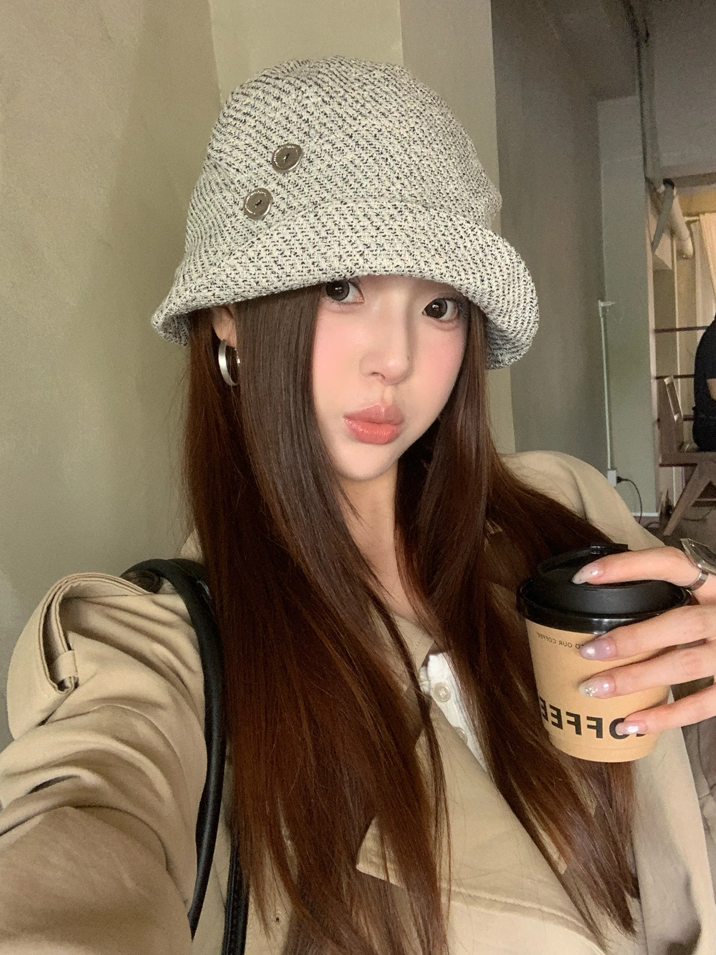 Korean Style Tweed Button Cuffed Bucket Hat Women's High-End Duckbill Cap Niche Large Head Circumference
