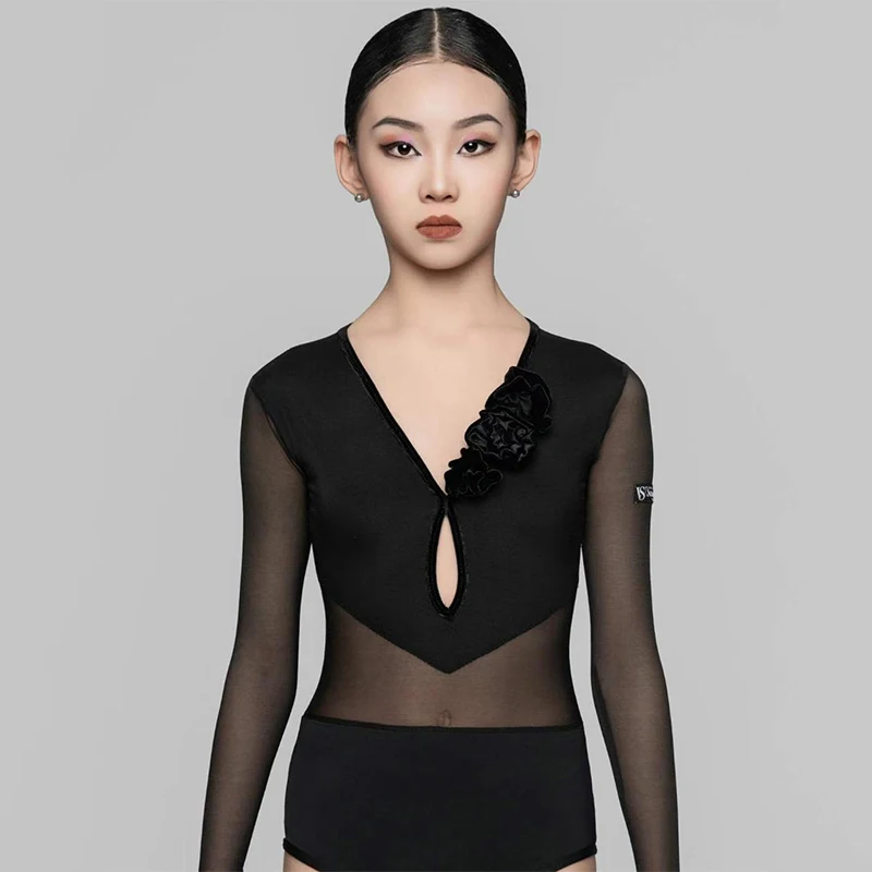 Vestido de baile latino para niños, ropa de baile de salón para niñas, ropa de competición con cuello en V, Tops, falda, ropa de práctica, disfraz de espectáculo DNV20169