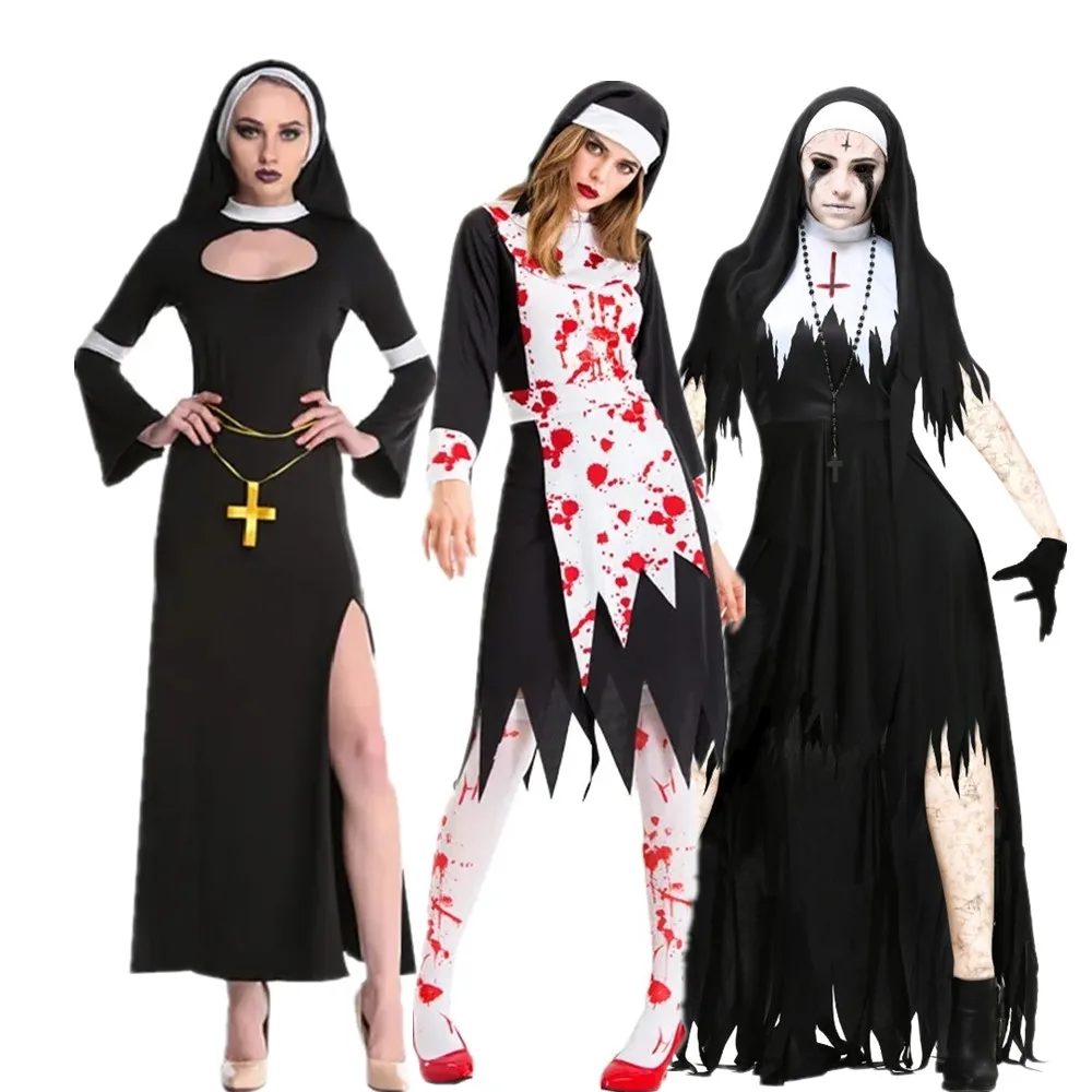 

Halloween Costume for Women Nun Costume Cosplay Costumes Vampire Demon Cross Print Long Dress Party Sexy Costume косплей