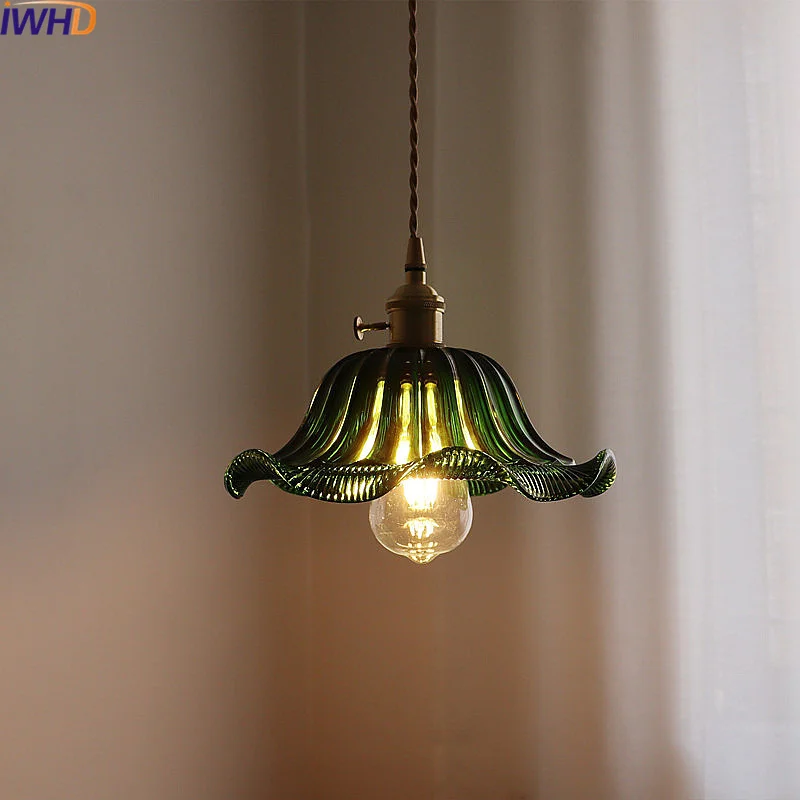 

IWHD Green Stripe Glass Hanging lights Fixtures 4W Bulb Restaurant Bedroom Kitchen Home Decor Suspension Luminaire Pendant Lamp