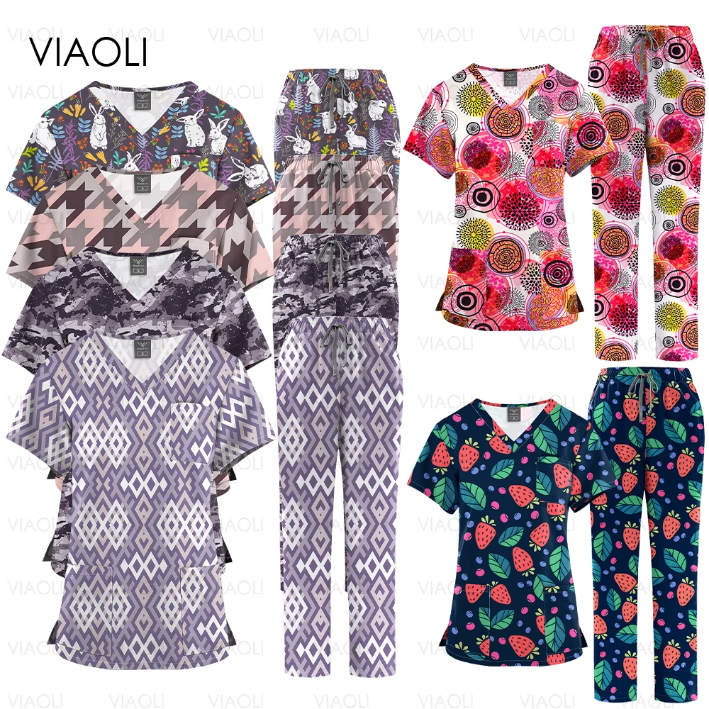 Surgical Uniforms Woman Printing Blouse Pockets Pants Medical Scrub Set Beauty Salon Workwear Clinical Scrubs Top+Pants Spa Suit