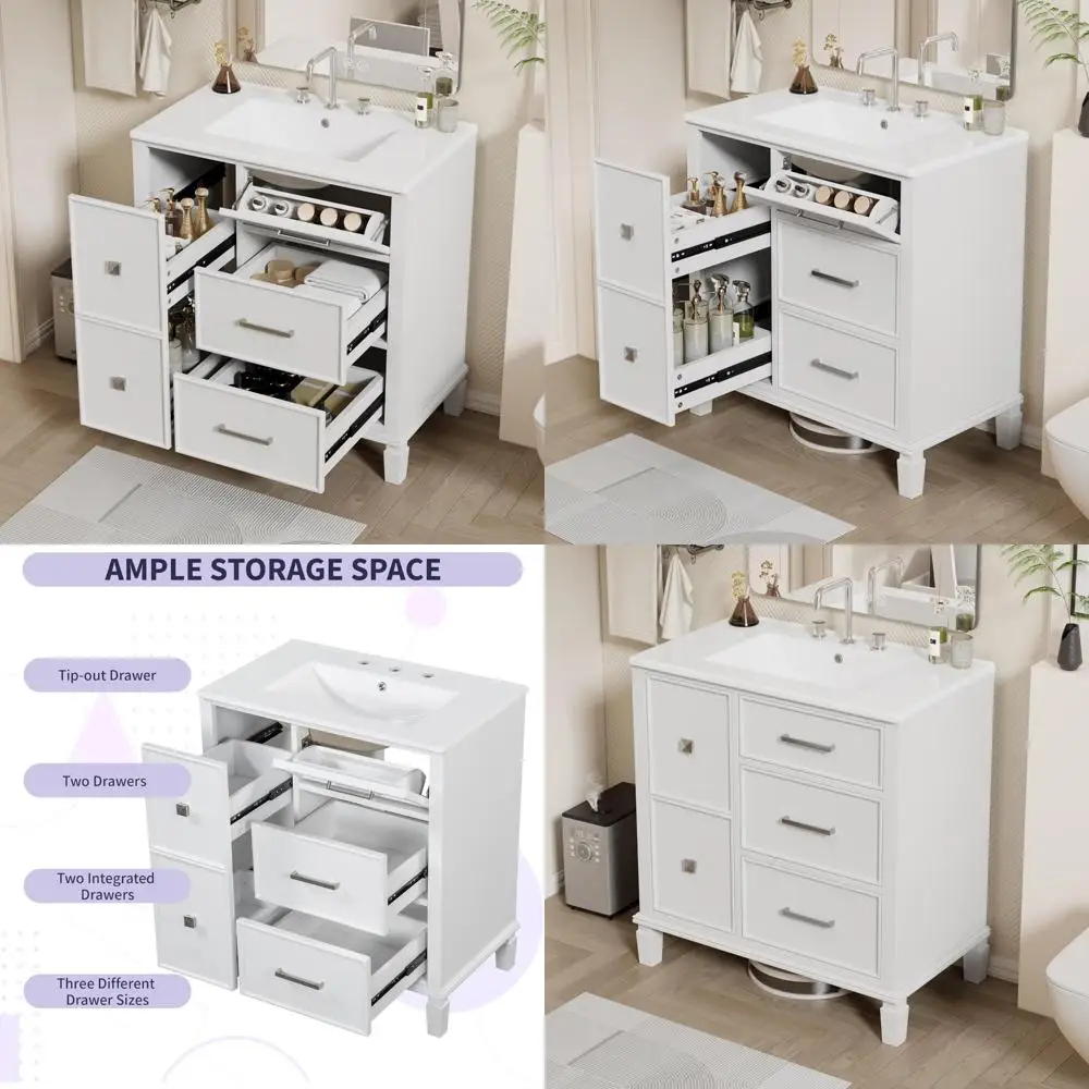 

modern white 30" vanity with sink, solid wood, and ample storage drawers