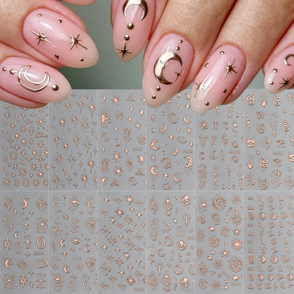 1 pièces 3D or Rose soleil étoile lune Nail Art autocollants 8*10 métallique Starlight manucure décalcomanies bricolage Y2K auto-adhésif étoile ongles curseur